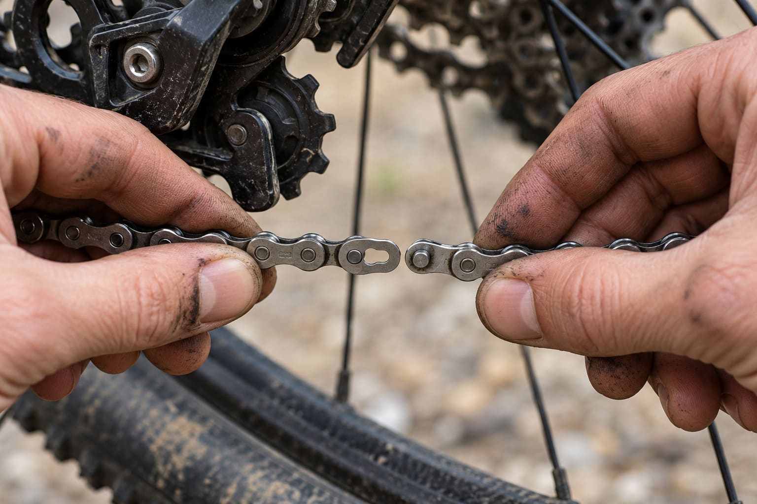 חוליה מהירה מחברת שני קצוות של שרשרת אופניים, בתקריב