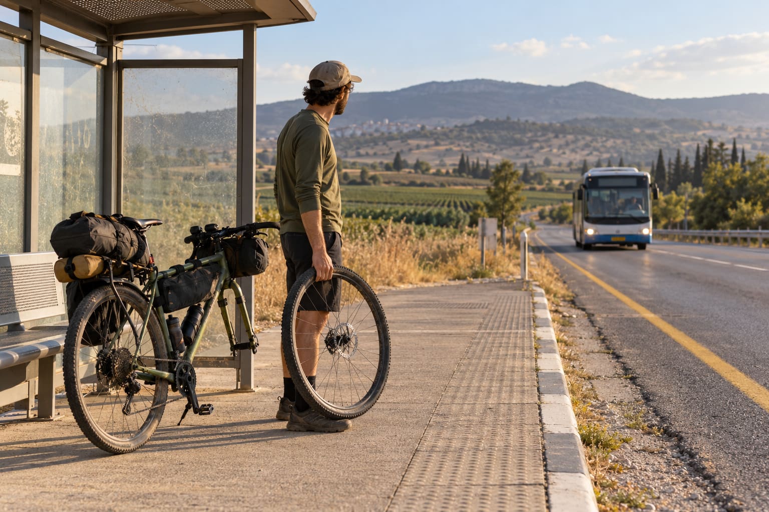 רוכב עם אופניים עמוסים מגיע לתחנת אוטובוס בין־עירונית בצד כביש