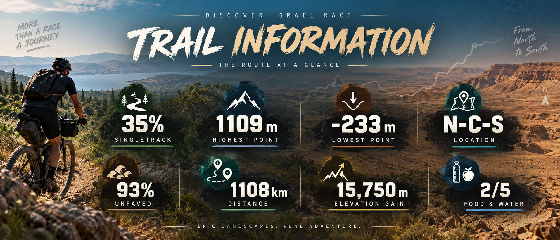 Trail information: 35% singletrack, 1109 m highest point, −233 m lowest point, 93% unpaved, 1108 km, 15,750 m climbing, food and water 2/5
